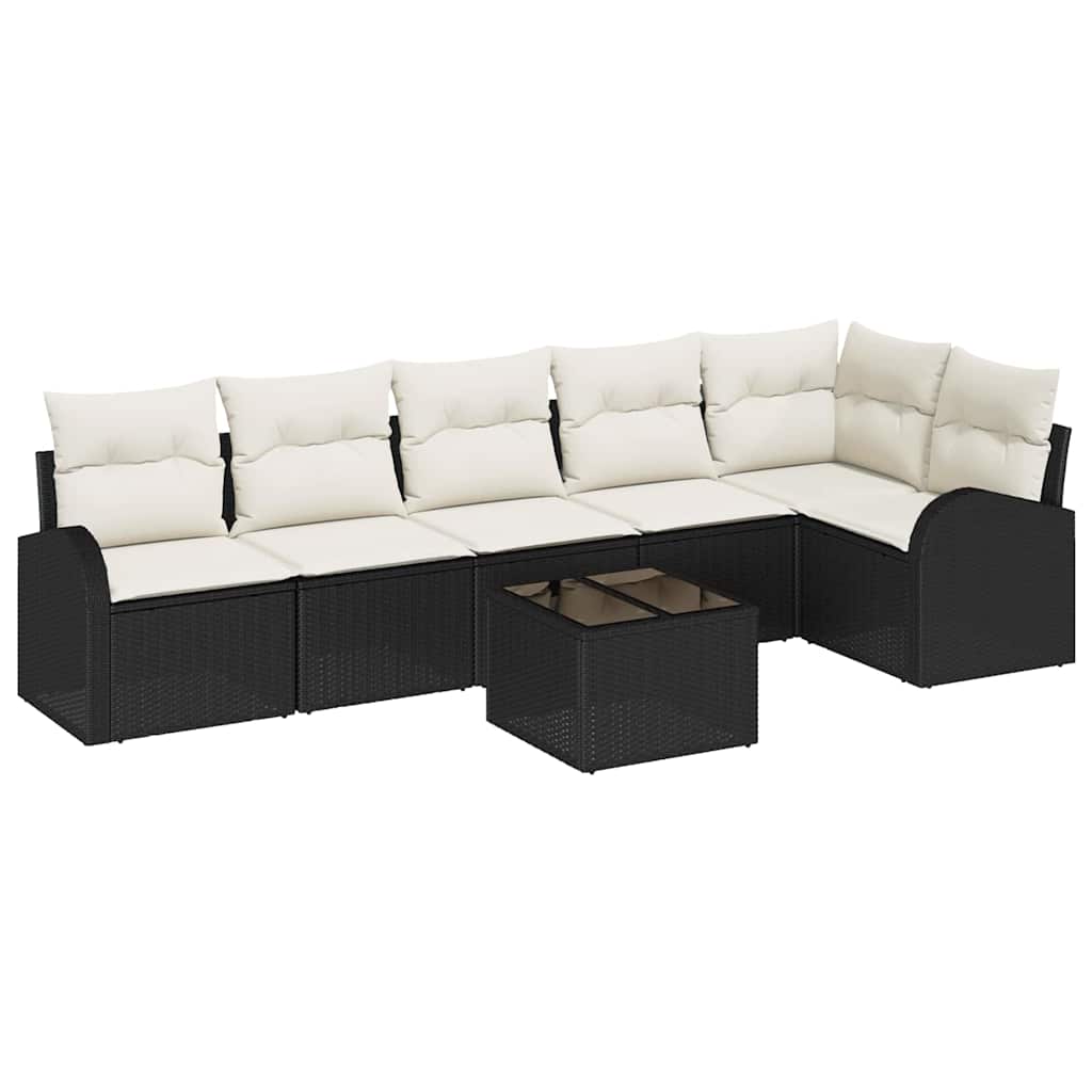 Sofa Set mit Kissen 7 pcs Schwarz und Weiß Poly-Rattan