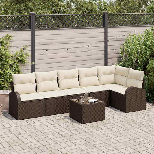 Garten-Sofa-Set mit Kissen 7 pcs Braun und Weiß Poly Rattan