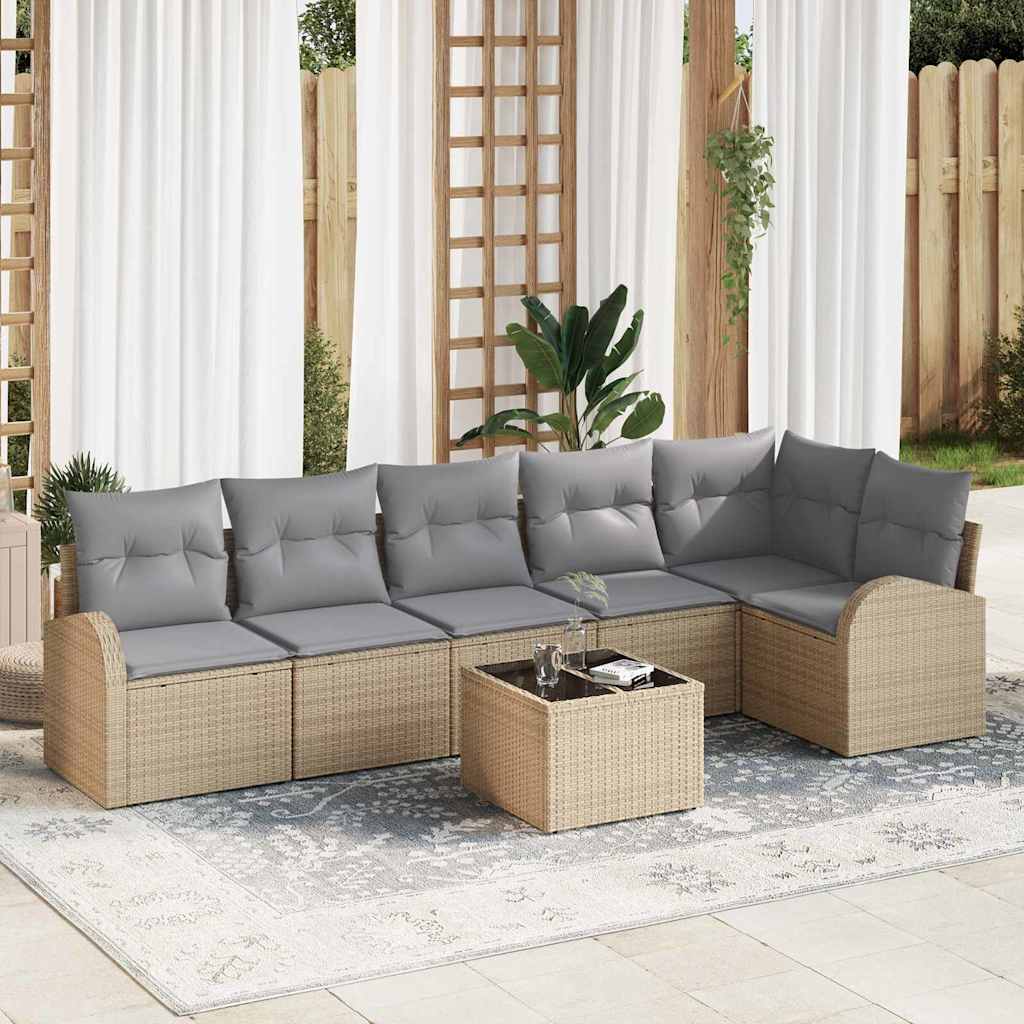 Garten-Sofa-Set mit Kissen 7 pcs Beige und Hellgrau Poly Rattan