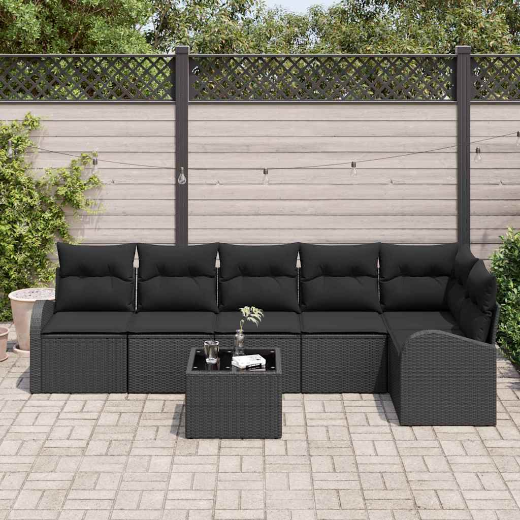 Garten-Sofa-Set mit Kissen 7 pcs Schwarz Poly Rattan