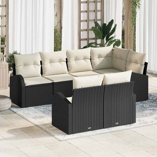 Garten-Sofa-Set mit Kissen 7 pcs Schwarz und Weiß Poly Rattan