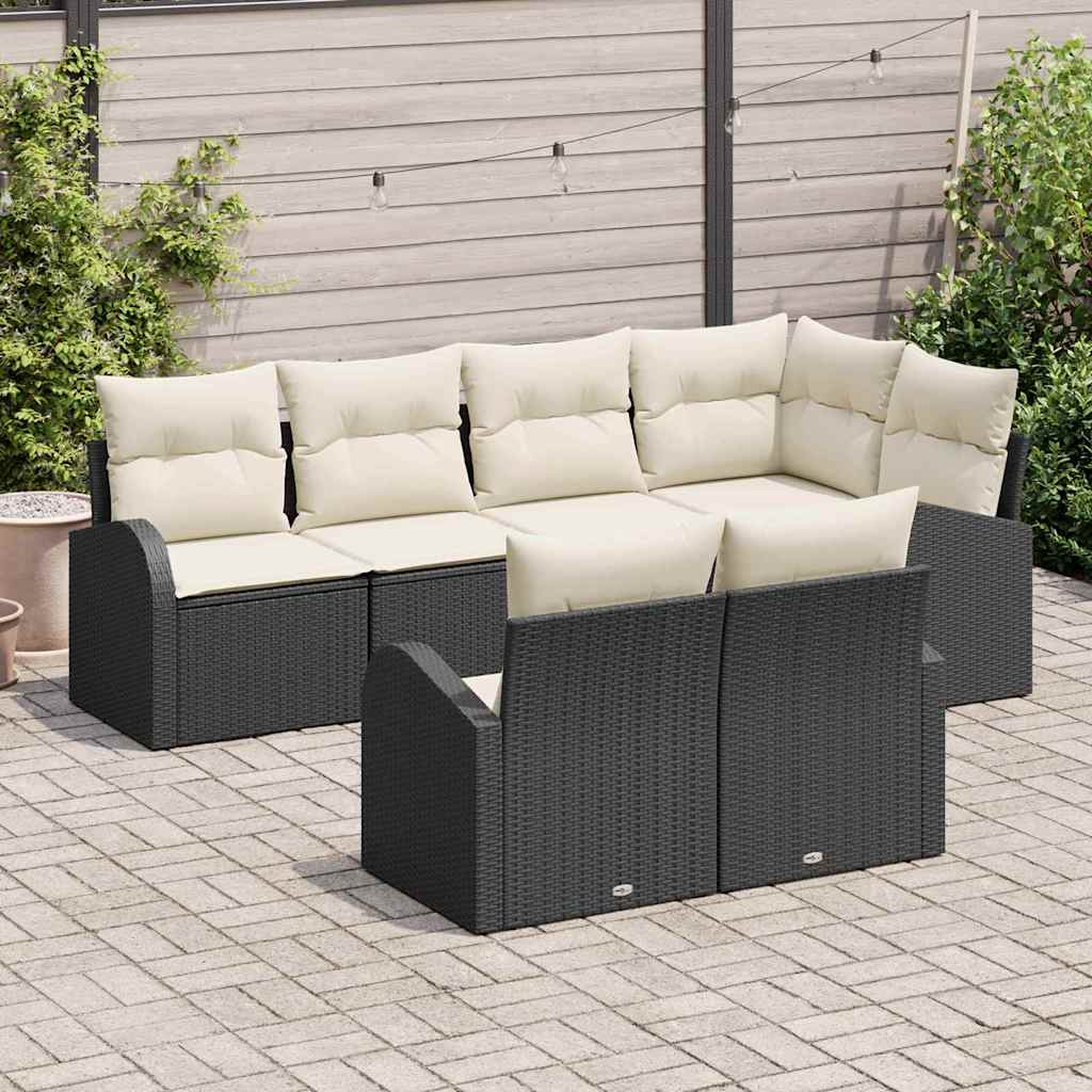 Garten-Sofa-Set mit Kissen 7 pcs Schwarz und Weiß Poly Rattan