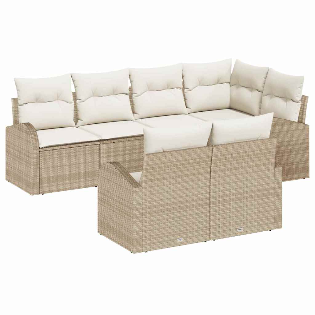 Garten-Sofa-Set mit Kissen 7 pcs Beige und Weiß Poly Rattan