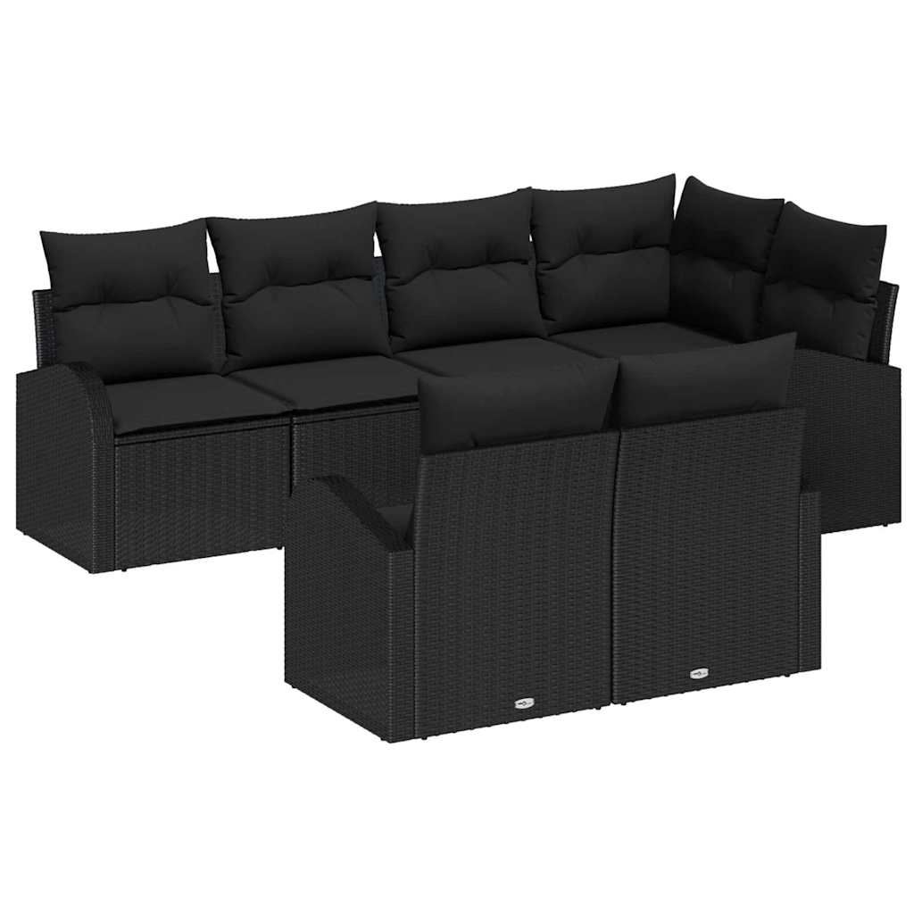 Garten-Sofa-Set mit Kissen 7 pcs Schwarz Poly Rattan