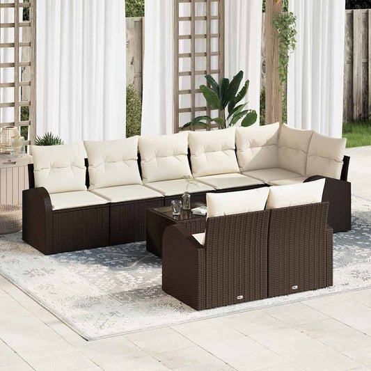 Garten-Sofa-Set mit Kissen 9 pcs Braun und Weiß Poly Rattan