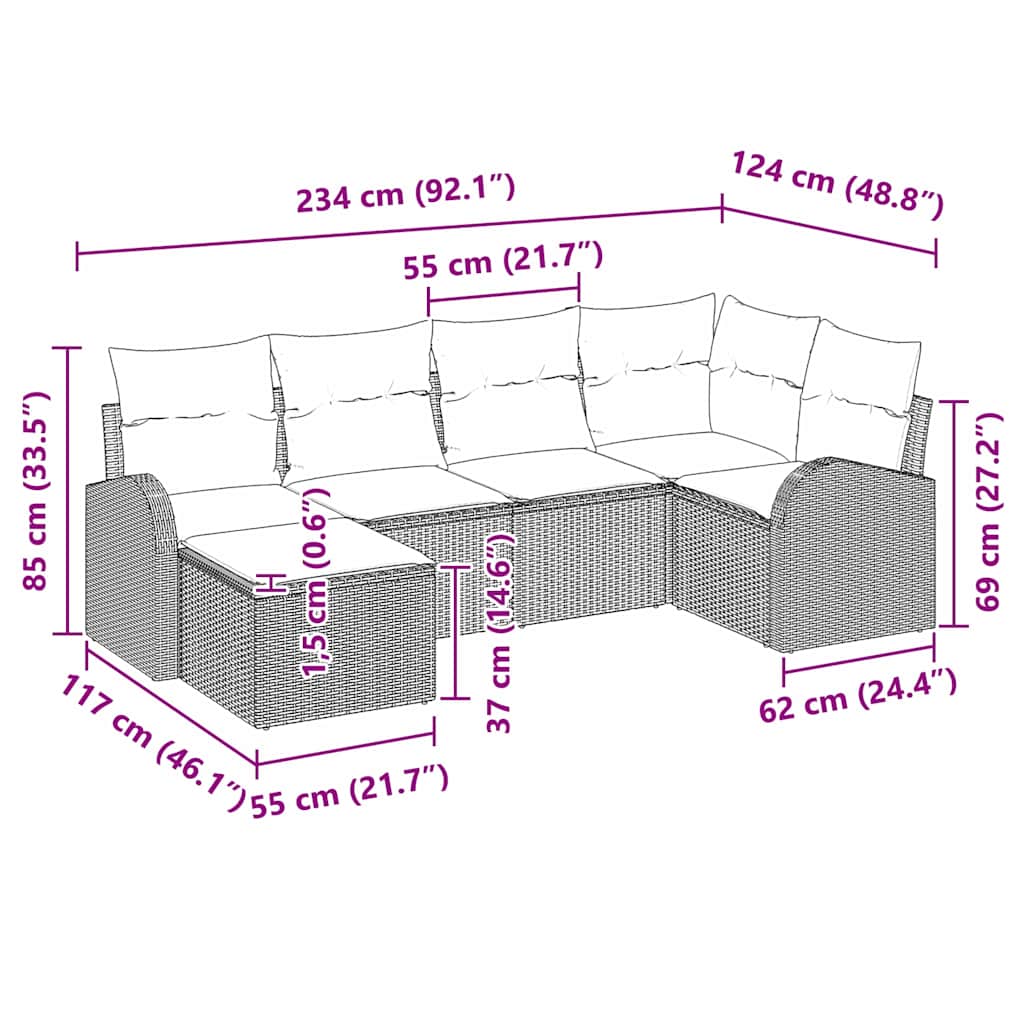 Garten-Sofa-Set mit Kissen 6 pcs Beige und Hellgrau Poly Rattan