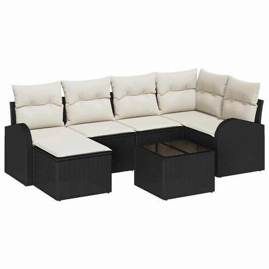 Sofa Set mit Kissen 7 pcs Schwarz und Weiß Poly-Rattan