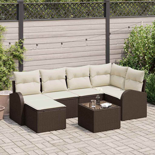 Garten-Sofa-Set mit Kissen 7 pcs Braun und Weiß Poly Rattan