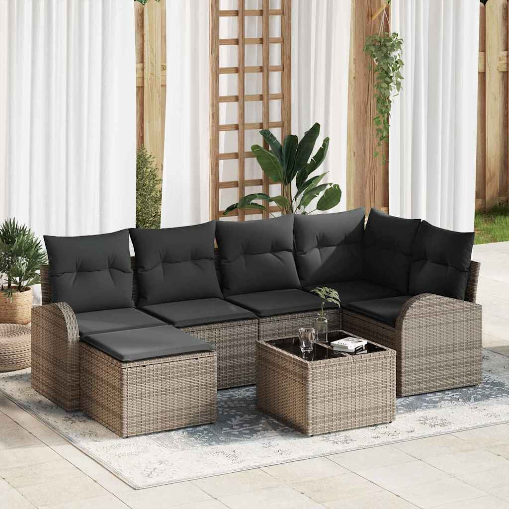 Garten-Sofa-Set mit Kissen 7 pcs Grau Poly Rattan