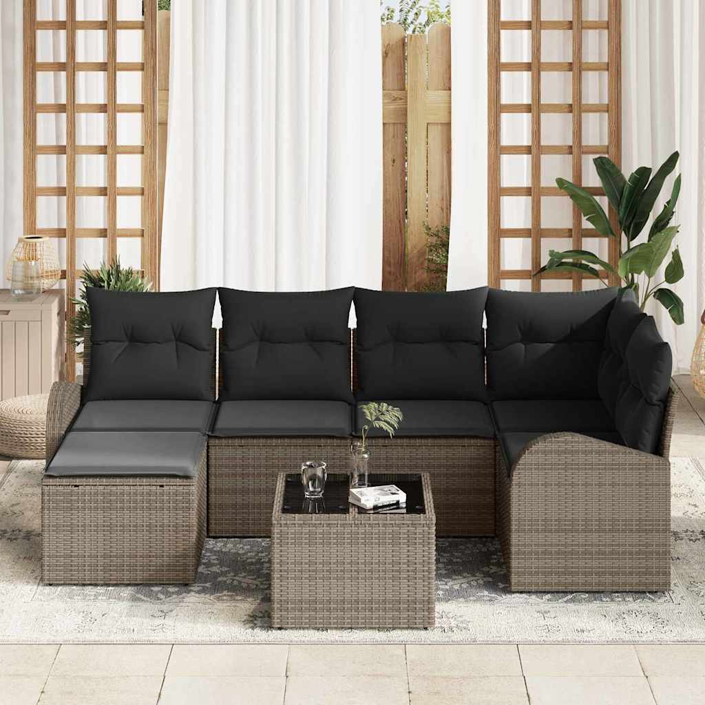 Garten-Sofa-Set mit Kissen 7 pcs Grau Poly Rattan