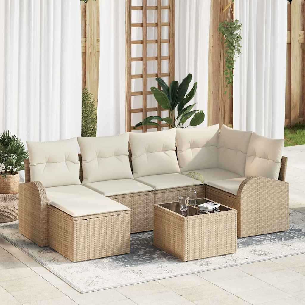 Garten-Sofa-Set mit Kissen 7 pcs Beige und Weiß Poly Rattan