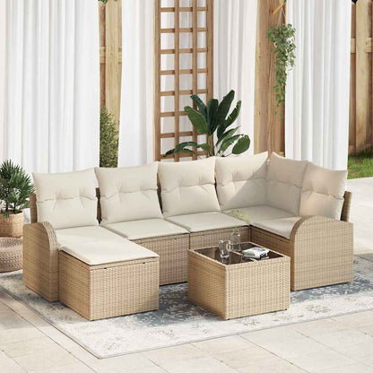 Garten-Sofa-Set mit Kissen 7 pcs Beige und Weiß Poly Rattan