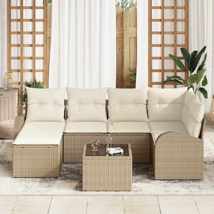Garten-Sofa-Set mit Kissen 7 pcs Beige und Weiß Poly Rattan