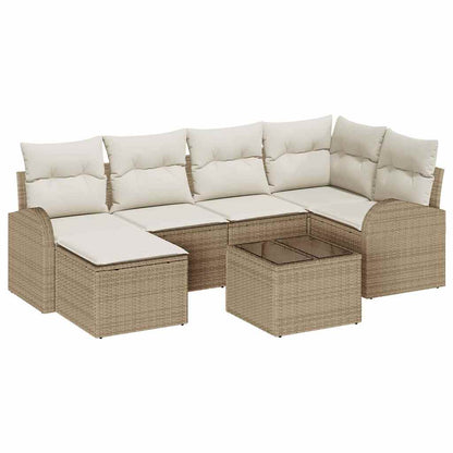 Garten-Sofa-Set mit Kissen 7 pcs Beige und Weiß Poly Rattan