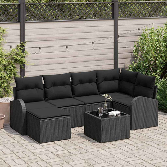 Garten-Sofa-Set mit Kissen 7 pcs Schwarz Poly Rattan