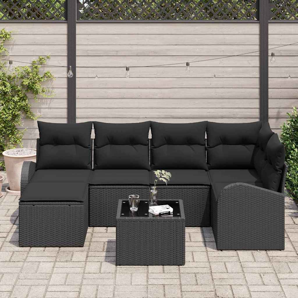Garten-Sofa-Set mit Kissen 7 pcs Schwarz Poly Rattan