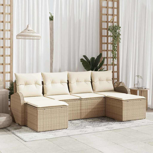 Garten-Sofa-Set mit Kissen 6 pcs Beige und Weiß Poly Rattan