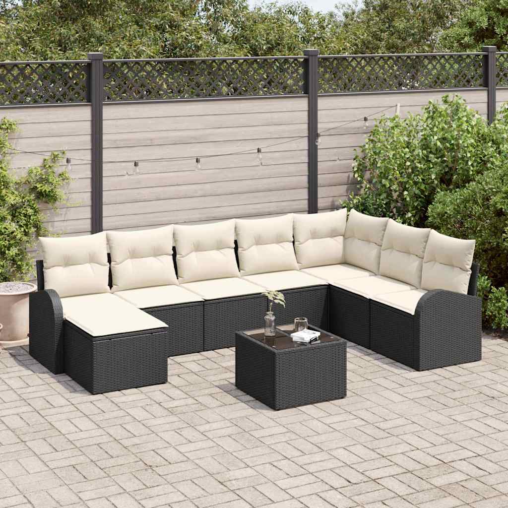 Sofa Set mit Kissen 9 pcs Schwarz und Weiß Poly-Rattan