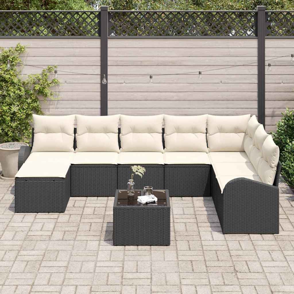 Sofa Set mit Kissen 9 pcs Schwarz und Weiß Poly-Rattan