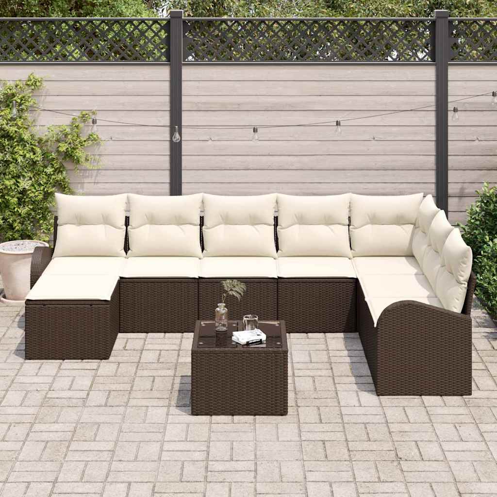 Garten-Sofa-Set mit Kissen 9 pcs Braun und Weiß Poly Rattan