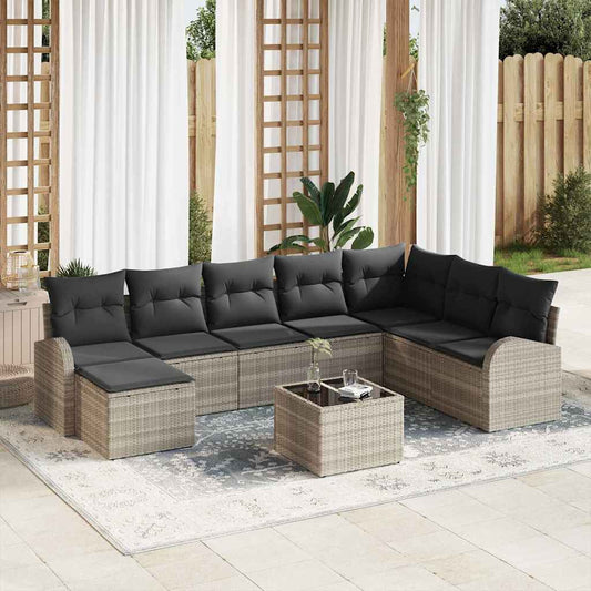 Garten-Sofa-Set mit Kissen 9 pcs Hellgrau Poly Rattan