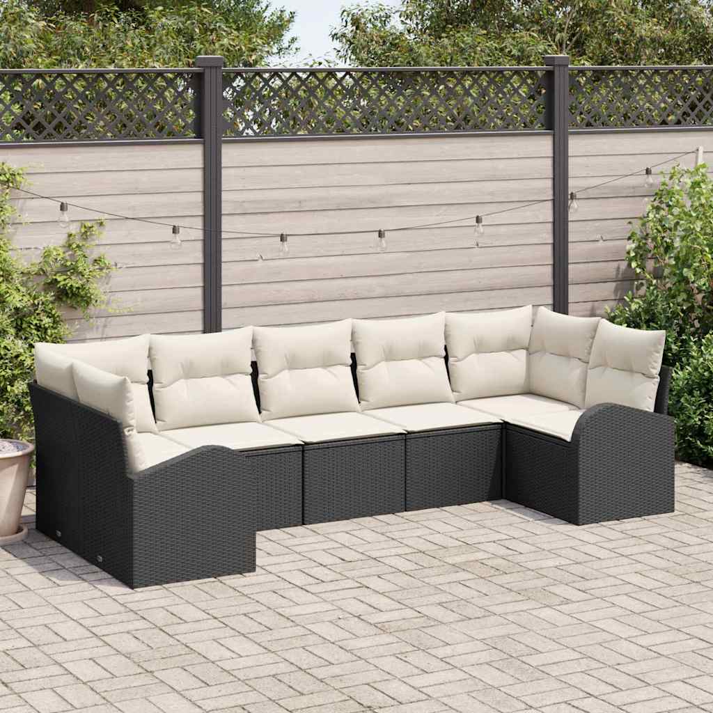 Garten-Sofa-Set mit Kissen 7 pcs Schwarz und Weiß Poly Rattan