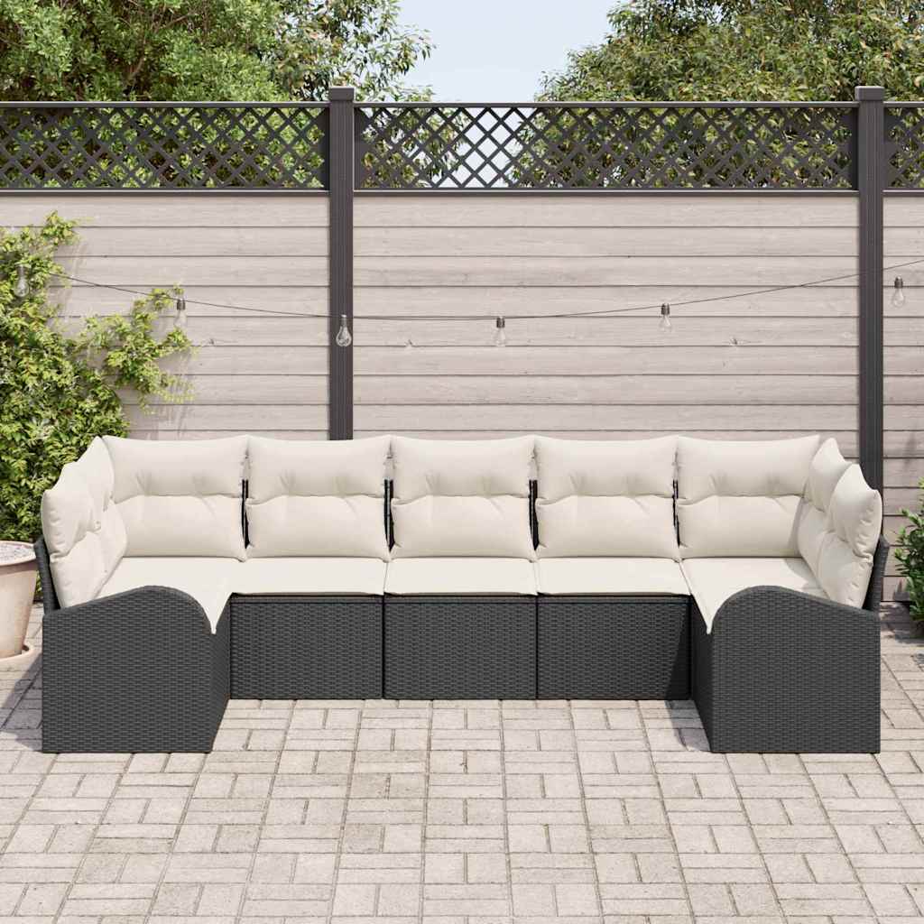 Garten-Sofa-Set mit Kissen 7 pcs Schwarz und Weiß Poly Rattan