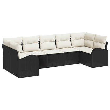 Garten-Sofa-Set mit Kissen 7 pcs Schwarz und Weiß Poly Rattan