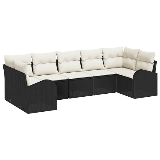 Garten-Sofa-Set mit Kissen 7 pcs Schwarz und Weiß Poly Rattan