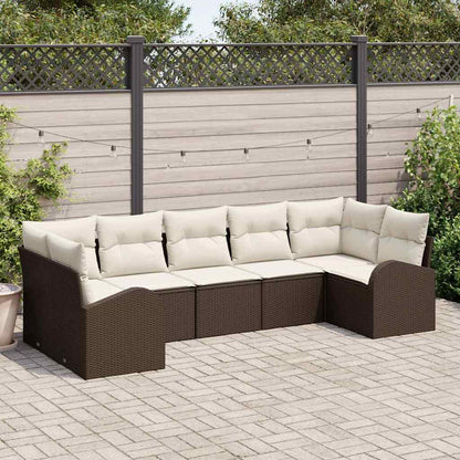 Garten-Sofa-Set mit Kissen 7 pcs Braun und Weiß Poly Rattan