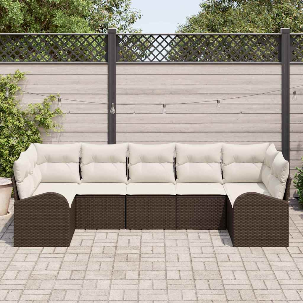 Garten-Sofa-Set mit Kissen 7 pcs Braun und Weiß Poly Rattan