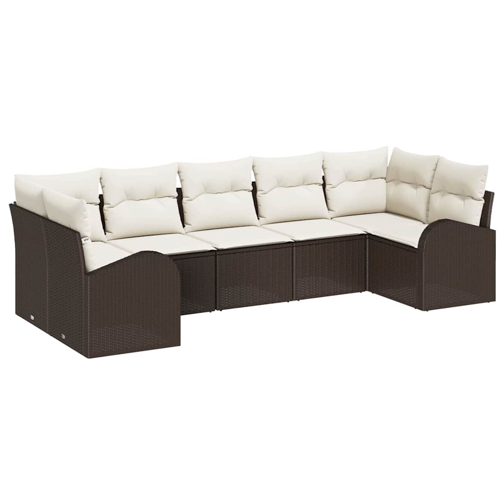 Garten-Sofa-Set mit Kissen 7 pcs Braun und Weiß Poly Rattan