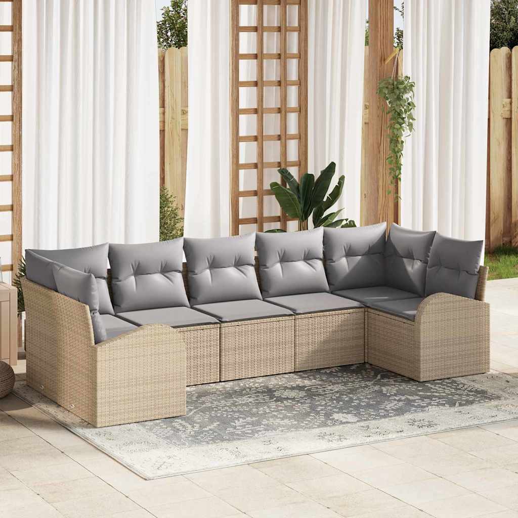 Garten-Sofa-Set mit Kissen 7 pcs Beige und Hellgrau Poly Rattan