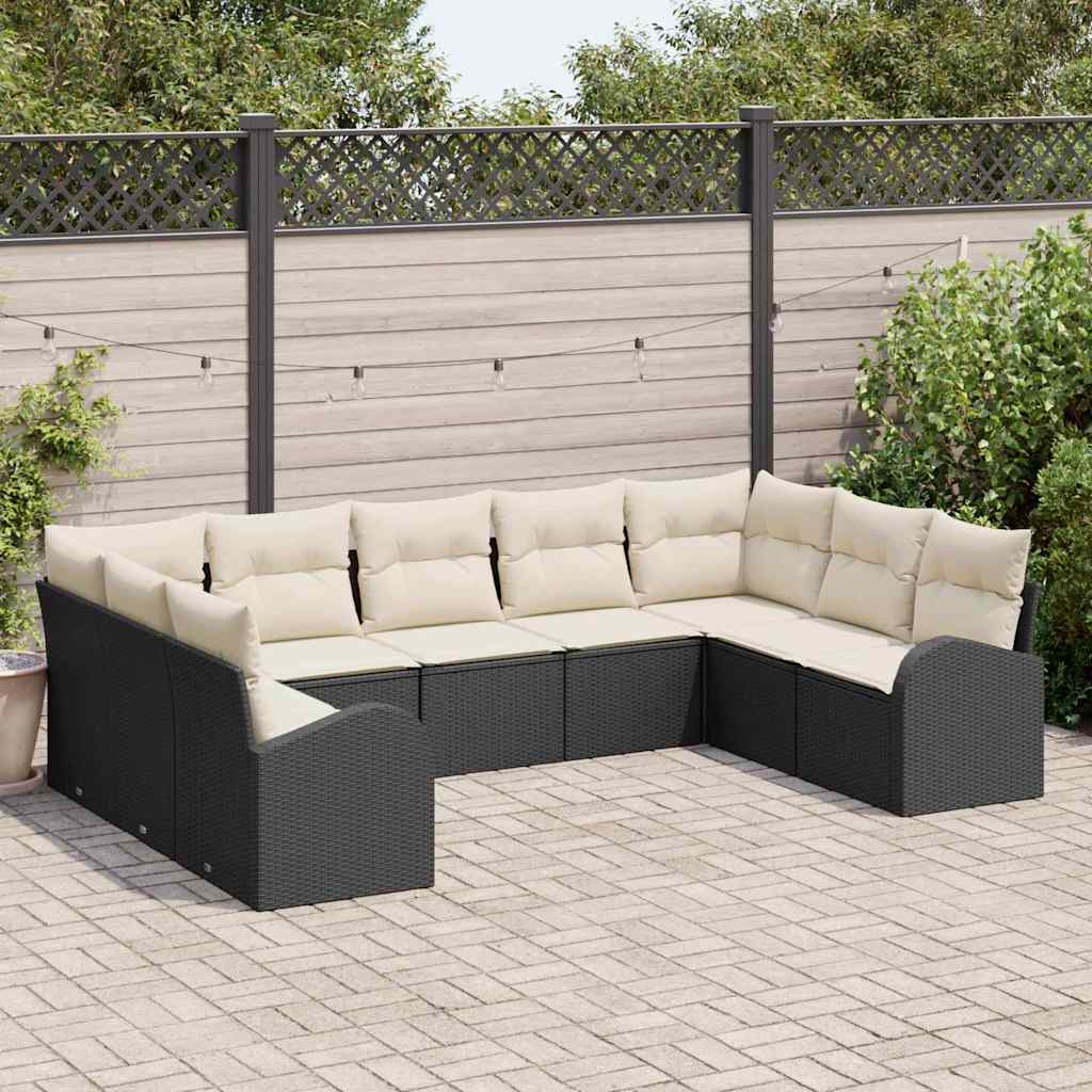 Garten-Sofa-Set mit Kissen 9 pcs Schwarz und Weiß Poly Rattan