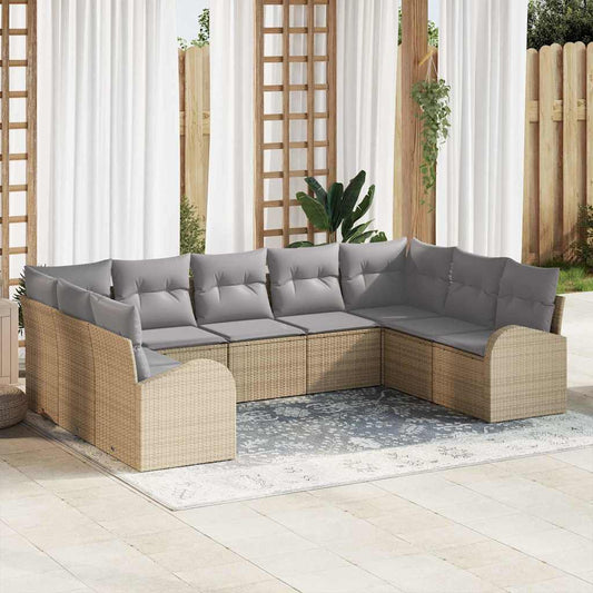 Gartensofa-set mit Kissen 9 pcs Beige und Hellgrau Poly-Rattan