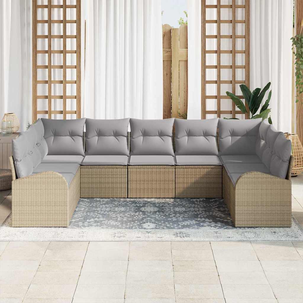 Gartensofa-set mit Kissen 9 pcs Beige und Hellgrau Poly-Rattan