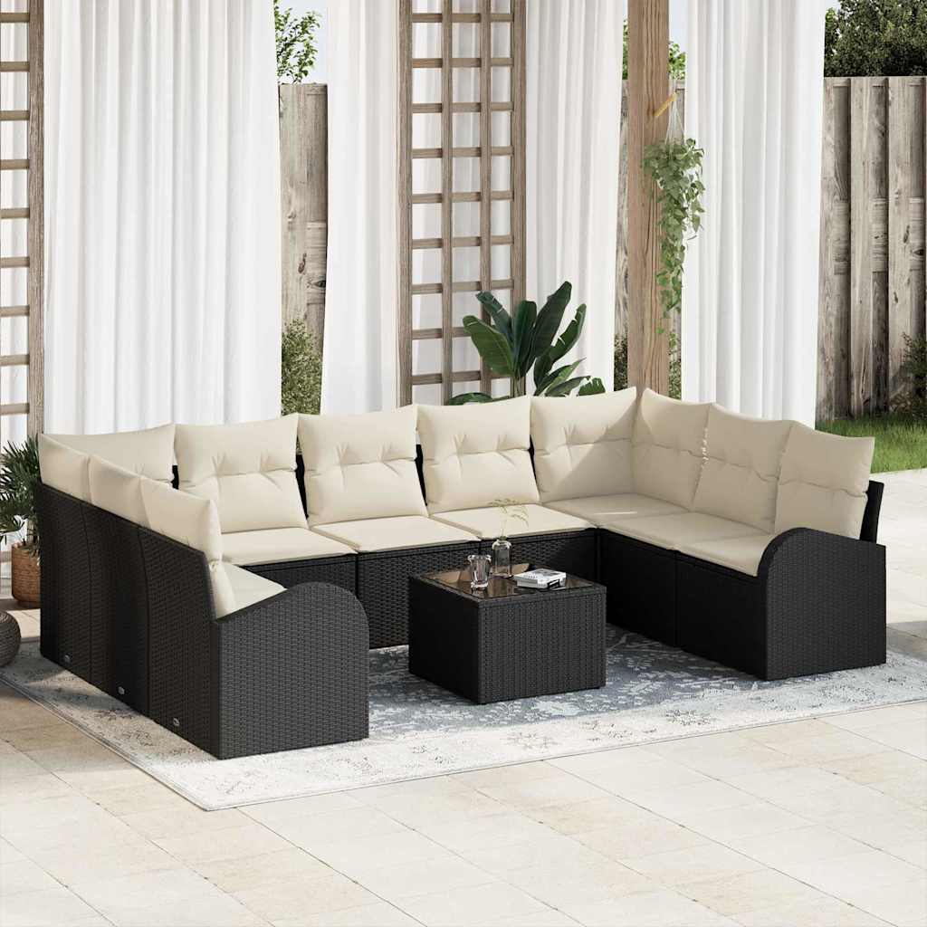 Sofa Set mit Kissen 10 pcs Schwarz und Weiß Poly-Rattan