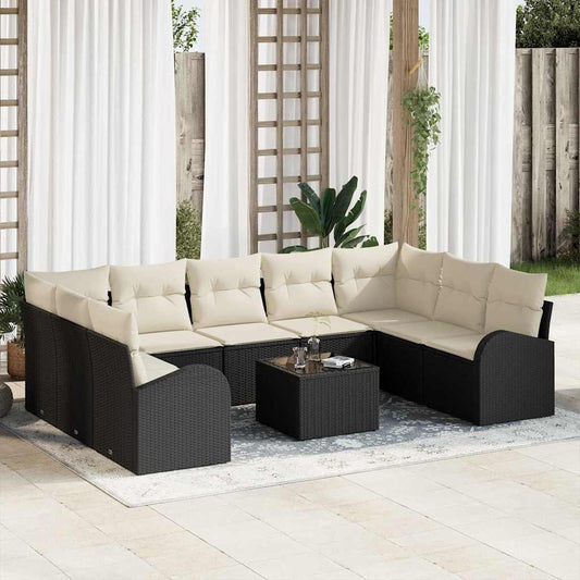 Sofa Set mit Kissen 10 pcs Schwarz und Weiß Poly-Rattan