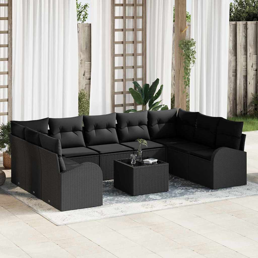 Garten-Sofa-Set mit Kissen 10 pcs Schwarz Poly Rattan