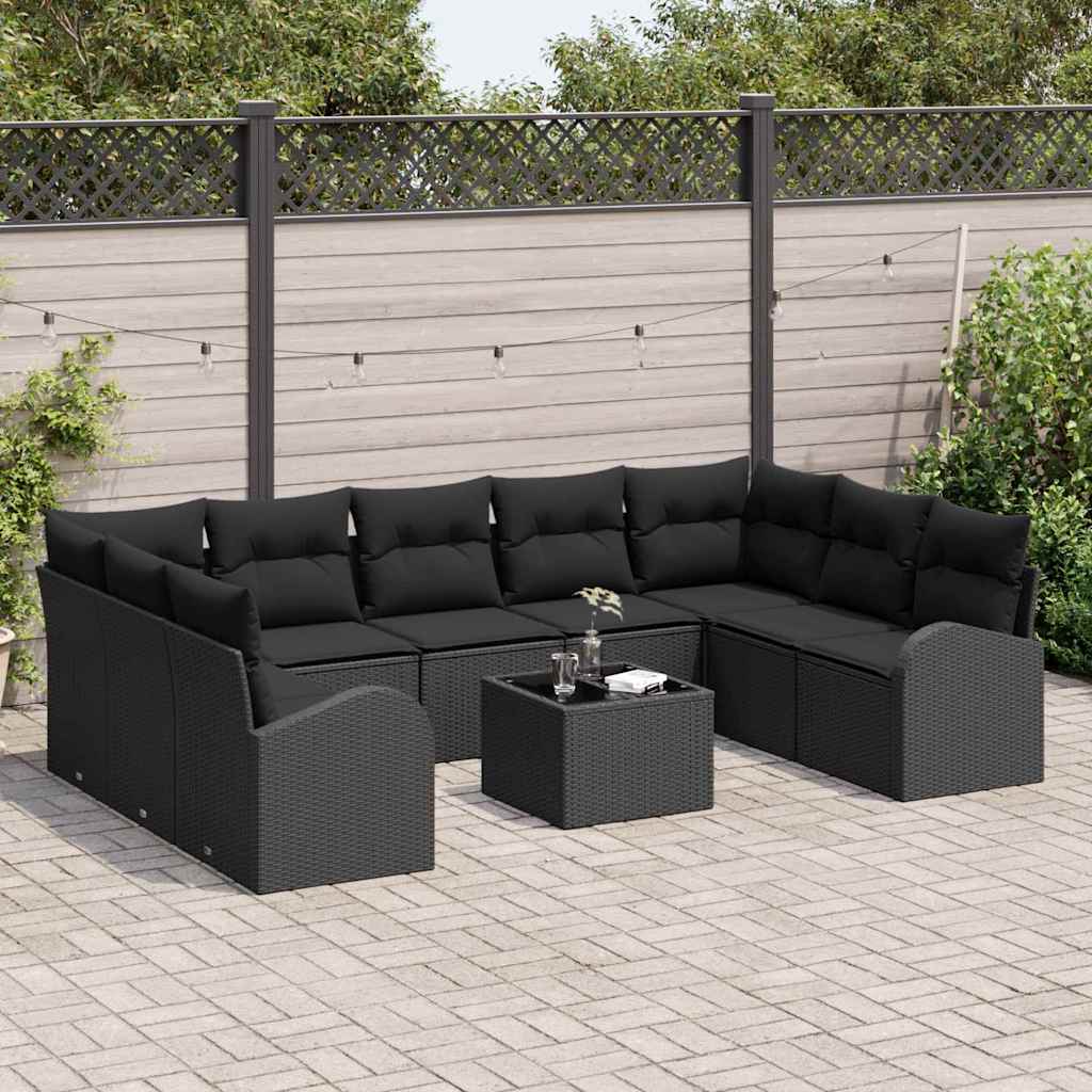 Garten-Sofa-Set mit Kissen 10 pcs Schwarz Poly Rattan
