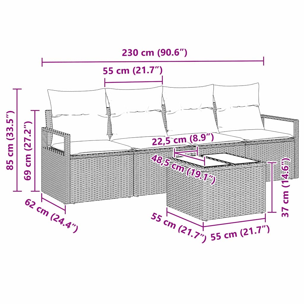 Garten-Sofa-Set mit Kissen 5 pcs Schwarz 55 x 55 x 37 cm