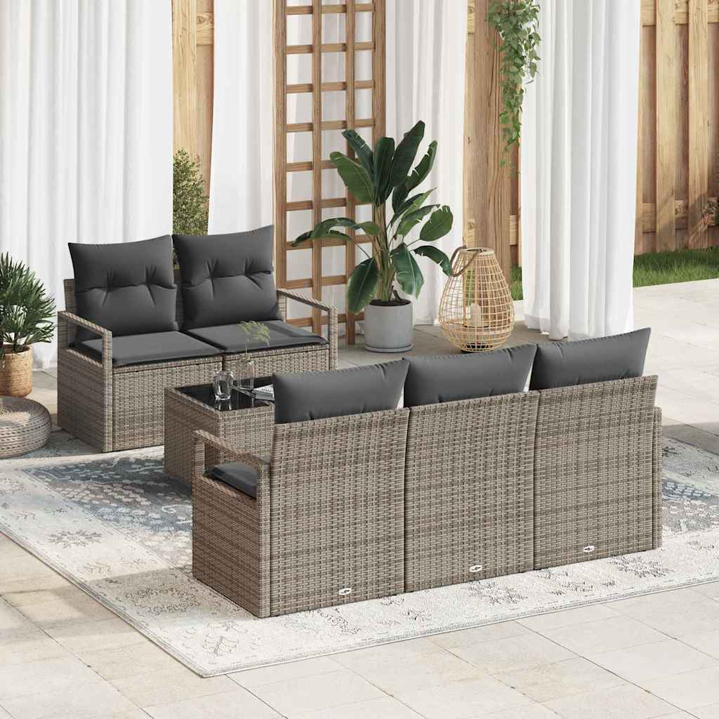 Garten-Sofa-Set 6 pcs Grau Poly-Rattan und Stahl und Glas