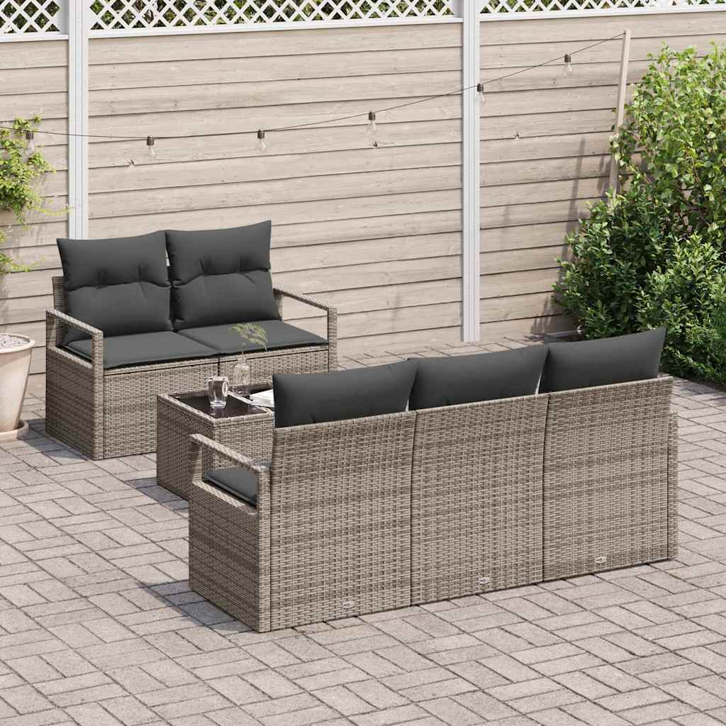 Garten-Sofa-Set 6 pcs Grau Poly-Rattan und Stahl und Glas
