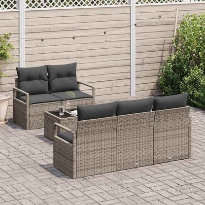 Garten-Sofa-Set 6 pcs Grau Poly-Rattan und Stahl und Glas