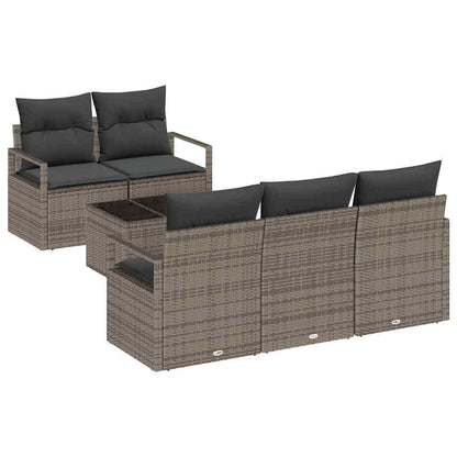 Garten-Sofa-Set 6 pcs Grau Poly-Rattan und Stahl und Glas