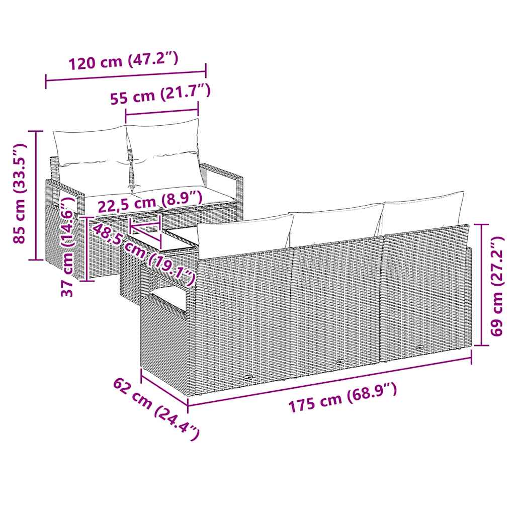 Garten-Sofa-Set 6 pcs Grau Poly-Rattan und Stahl und Glas