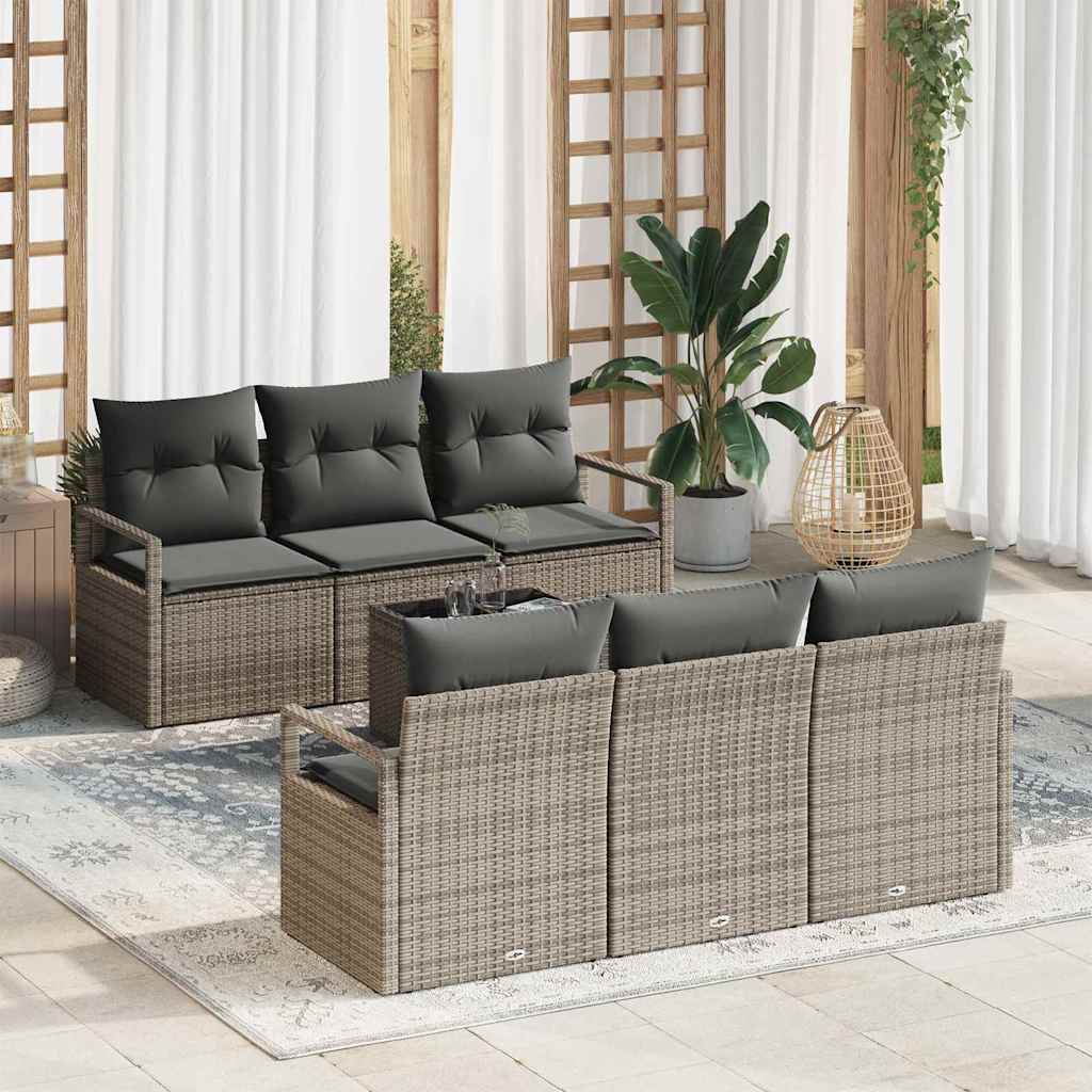 Garten-Sofa-Set 7 pcs Grau Poly-Rattan und Stahl und Glas