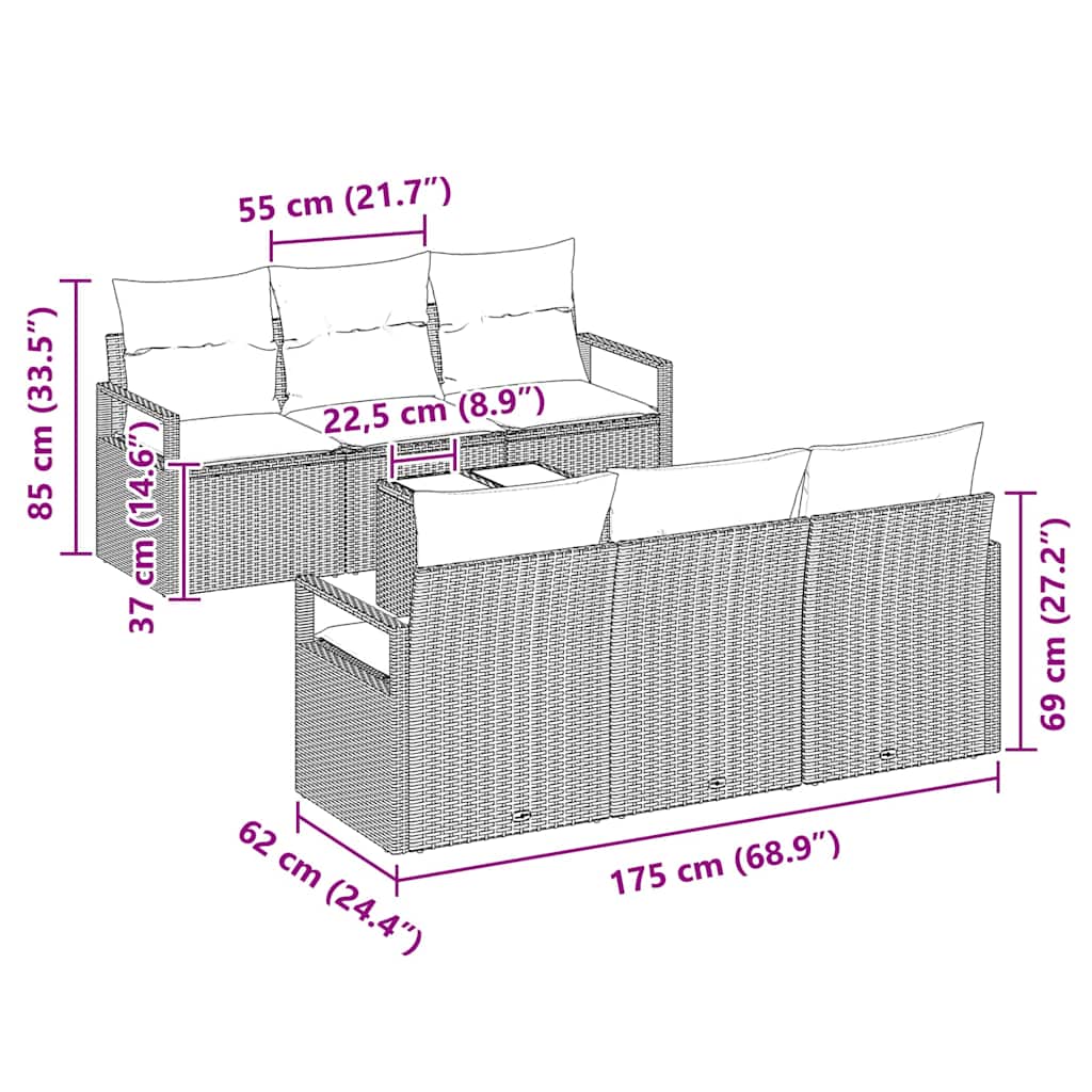 Garten-Sofa-Set mit Kissen 7 pcs Schwarz 55 x 55 x 37 cm