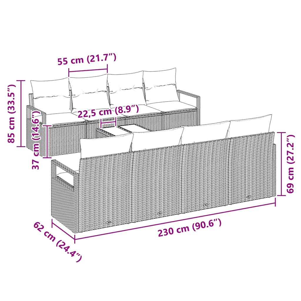 Garten-Sofa-Set mit Kissen 9 pcs Braun, Creme 55 x 55 x 37 cm