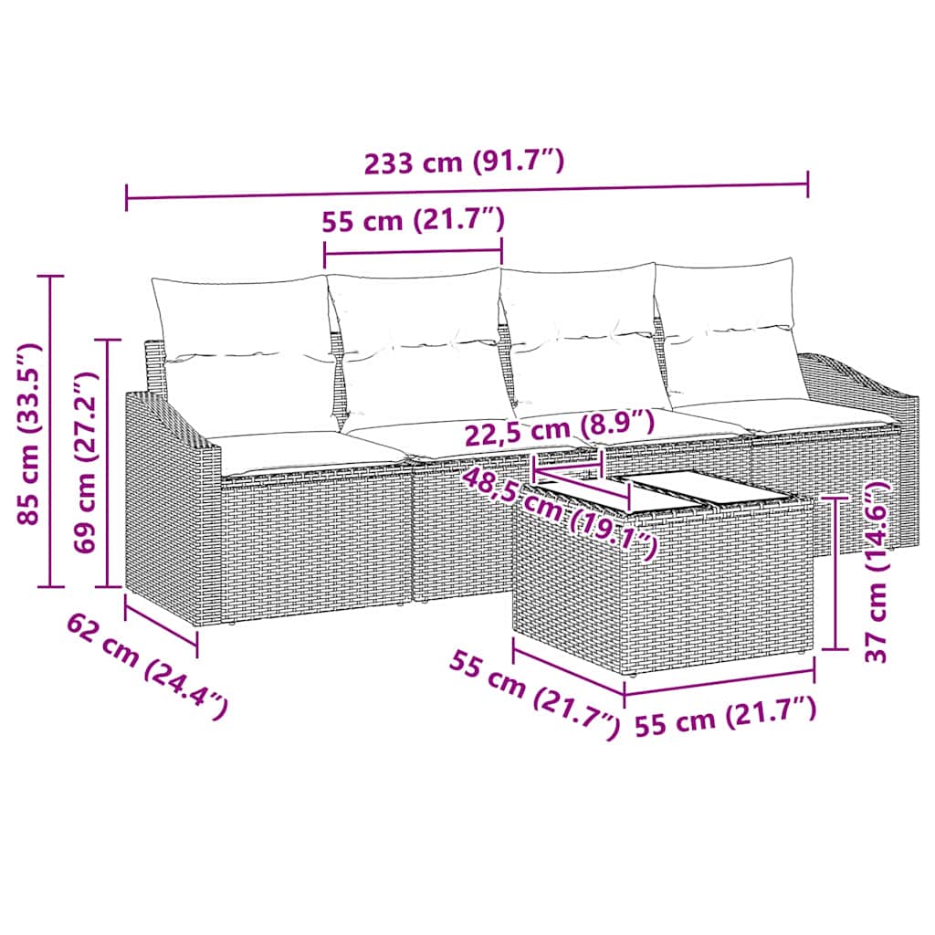 Garten-Sofa-Set mit Kissen 5 pcs Schwarz 55 x 55 x 37 cm